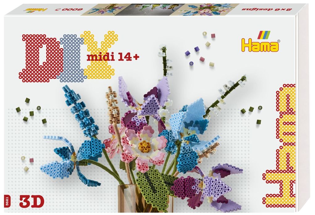 Produktbild: Hama 3621 - DIY Bügelperlen Midi 14+, Geschenkbox mit Motivvorlage Blumenstrauß, Blumen mit 3D Effekt, ca. 6.000 Bügelperlen und Zubehör