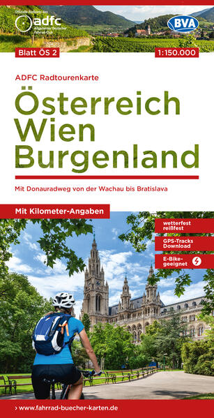 Produktbild: ADFC-Radtourenkarte ÖS2 Österreich Wien Burgenland 1:150:000, reiß- und wetterfest, E-Bike geeignet, GPS-Tracks Download, mit Bett+Bike Symbolen, mit Kilometer-Angaben