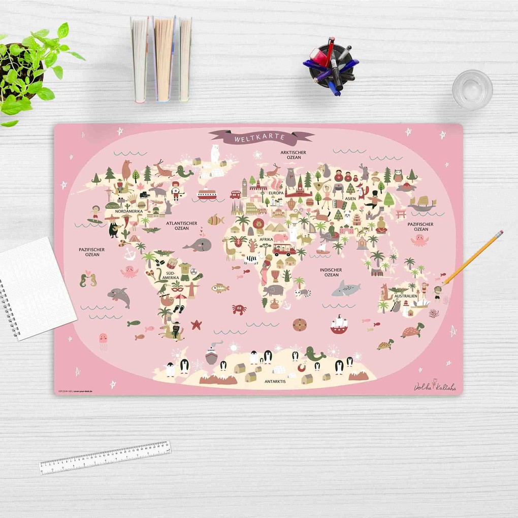 Weitere Ansicht: Cover-your-desk Schreibtischunterlage für Kinder Weltkarte in rosa mit Tieren in deutsch, aus hochwertigem Vinyl , 60 x 40 cm