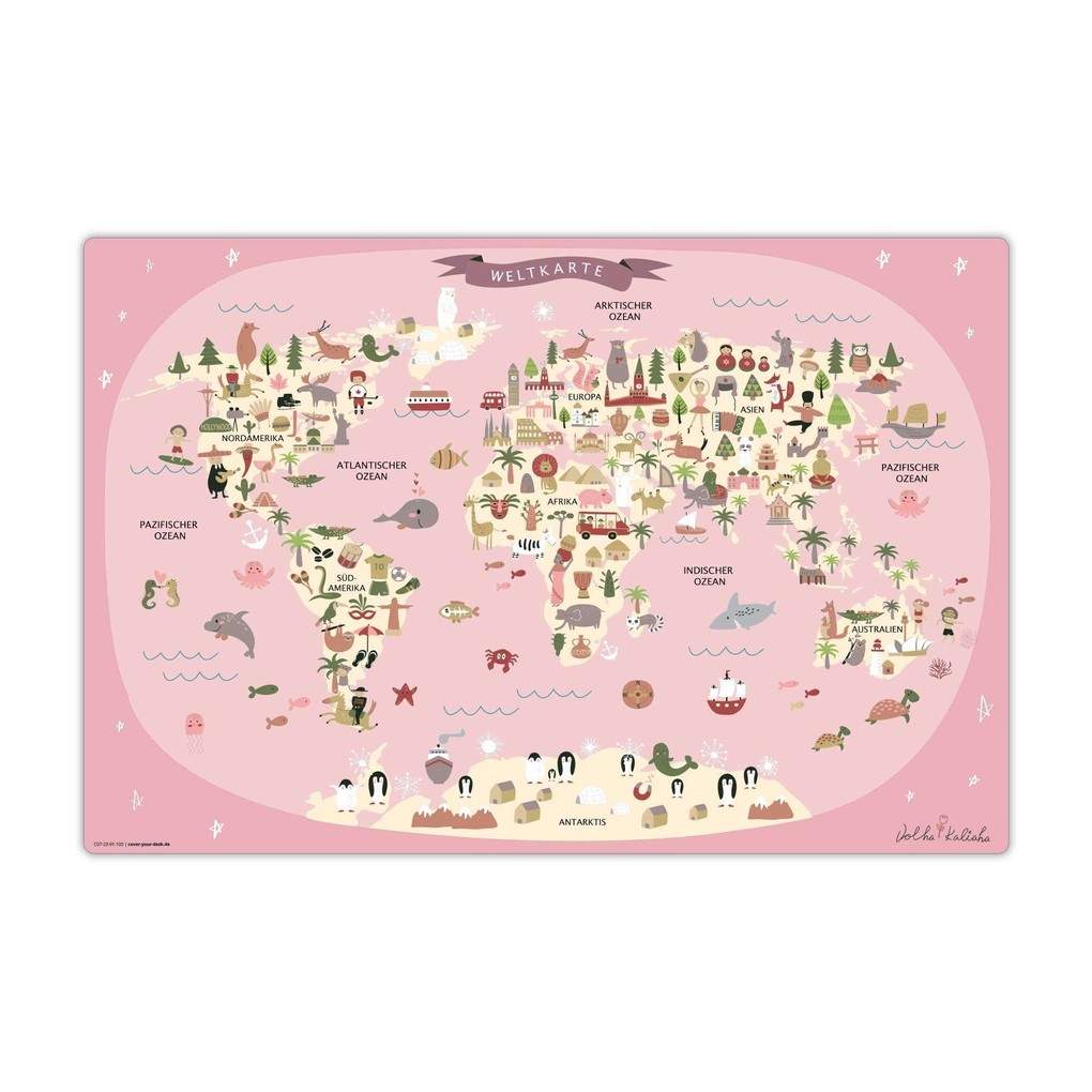 Weitere Ansicht: Cover-your-desk Schreibtischunterlage für Kinder Weltkarte in rosa mit Tieren in deutsch, aus hochwertigem Vinyl , 60 x 40 cm