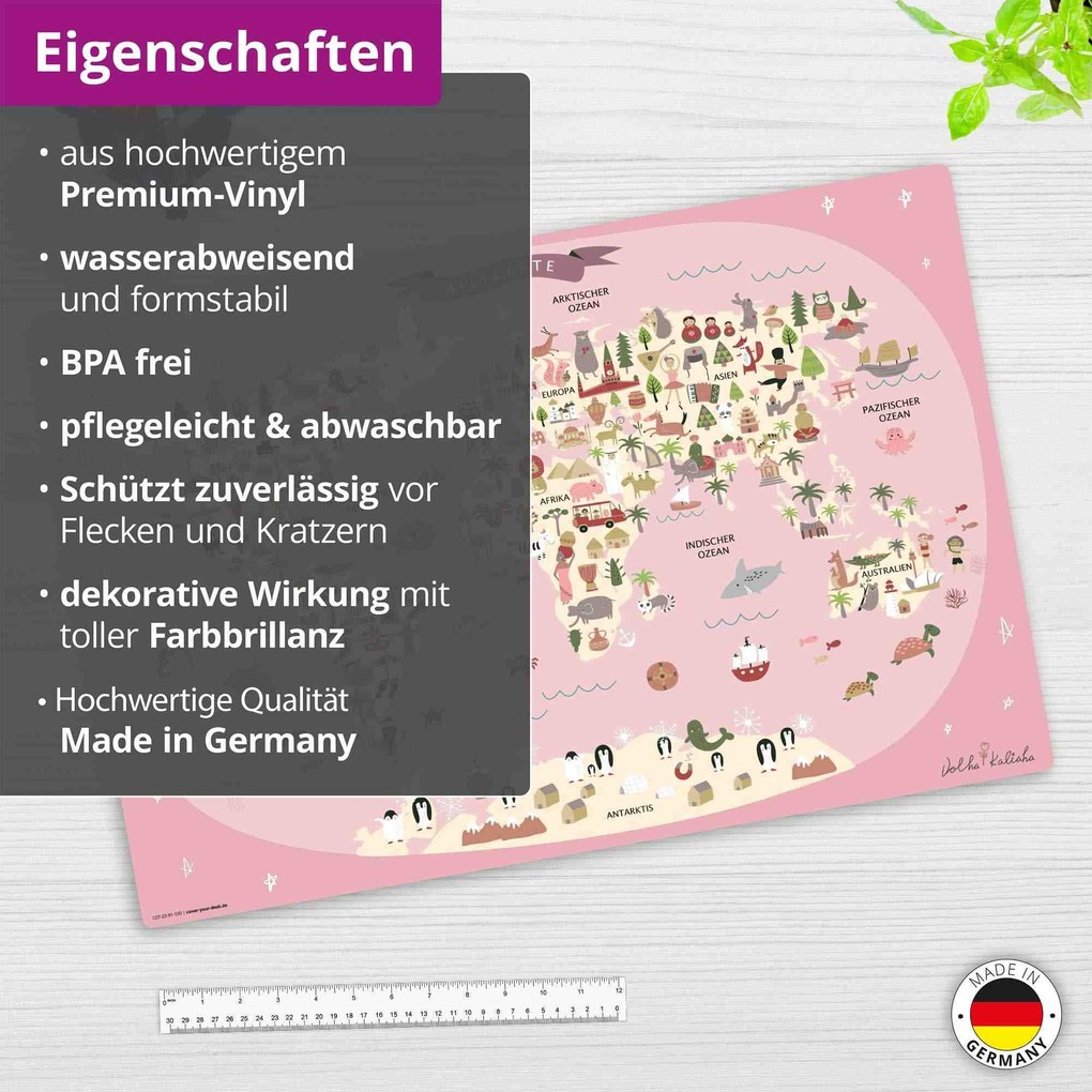 Weitere Ansicht: Cover-your-desk Schreibtischunterlage für Kinder Weltkarte in rosa mit Tieren in deutsch, aus hochwertigem Vinyl , 60 x 40 cm