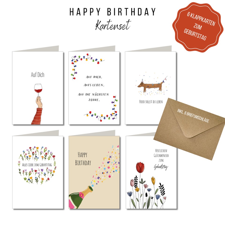 Weitere Ansicht: KEITCARDS Geburtstagskarten - handgezeichnete Klappkarten inklusive Briefumschlag, 6er Set