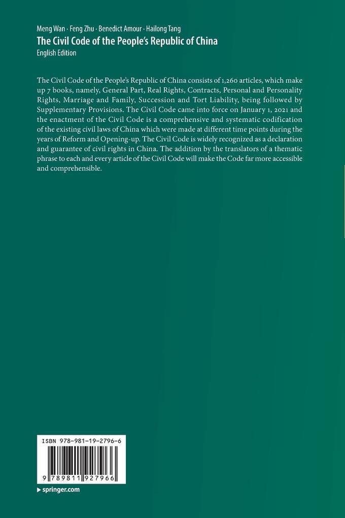 Weitere Ansicht: The Civil Code of the People's Republic of China | Meng Wan, Feng Zhu, Benedict Amour, Hailong Tang