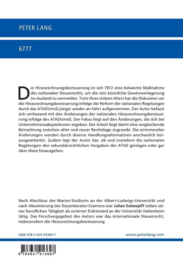 Weitere Ansicht: Die Reform der Hinzurechnungsbesteuerung auf Basis der Anti Tax Avoidance Directive und ihre Bedeutung für Unternehmensakquisitionen | Julian Solowjeff