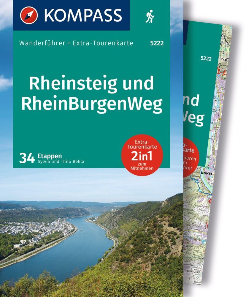 Produktbild: KOMPASS Wanderführer Rheinsteig RheinBurgenWeg, 34 Etappen mit Extra-Tourenkarte | Silvia und Thilo Behla