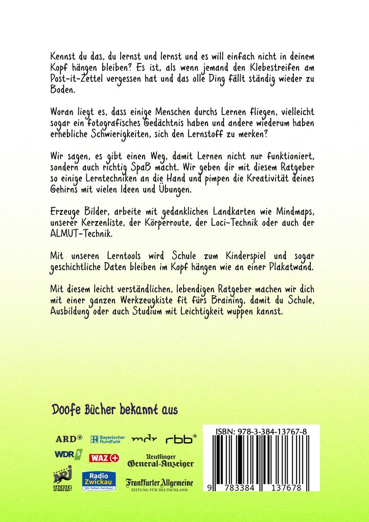 Weitere Ansicht: Lerndoof - Dein praktischer Lernkompass: So wird Lernen zum Kinderspiel - mit Mindmaps, Kerzenliste, Körperroute, Loci-Technik und Co. | Lilly Fröhlich, Kirsten Wunderle