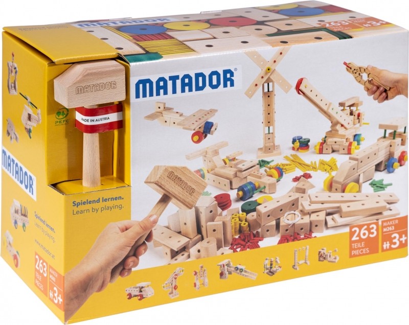 Produktbild: MATADOR 21263 - Maker M263, Baukasten, Holz, 263 Teile, Konstruktionsbaukasten, ab 3 Jahren, Spielend lernen!