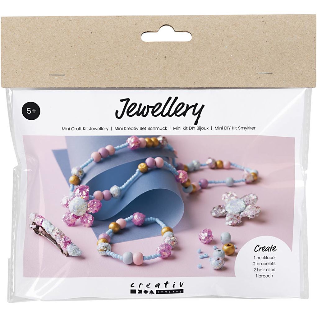 Produktbild: Creativ Company Mini Kreativ Set Schmuck, Halskette, Armband, Clips, Brosche, Blau, Hellblau, Pastellpink