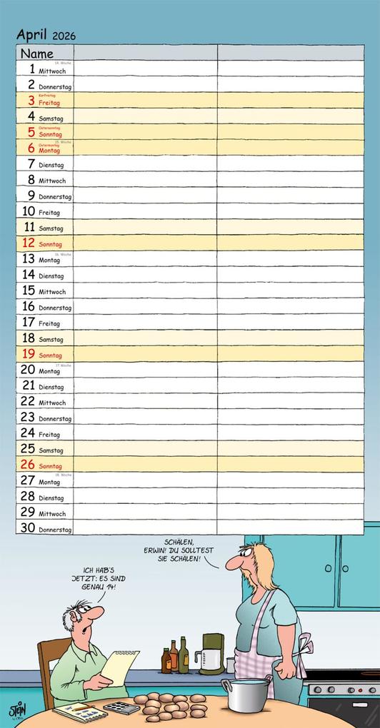 Weitere Ansicht: Uli Stein Timer für zwei 2026: Monatskalender für die Wand | Uli Stein