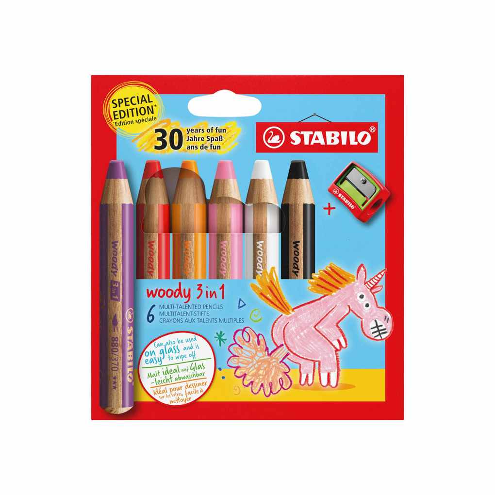 Produktbild: STABILO Buntstift Wasserfarbe & Wachsmalkreide woody 3 in 1, Jubiläumsedition, Einhorn, 6er Set + Spitzer