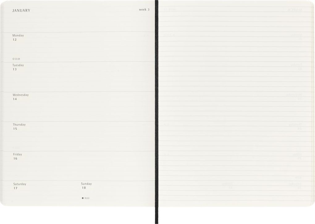 Weitere Ansicht: Moleskine 12 Monate Wochen Notizkalender 2026, XL, 1 Wo = 1 Seite, rechts linierte Seite, Weicher Einband, Schwarz