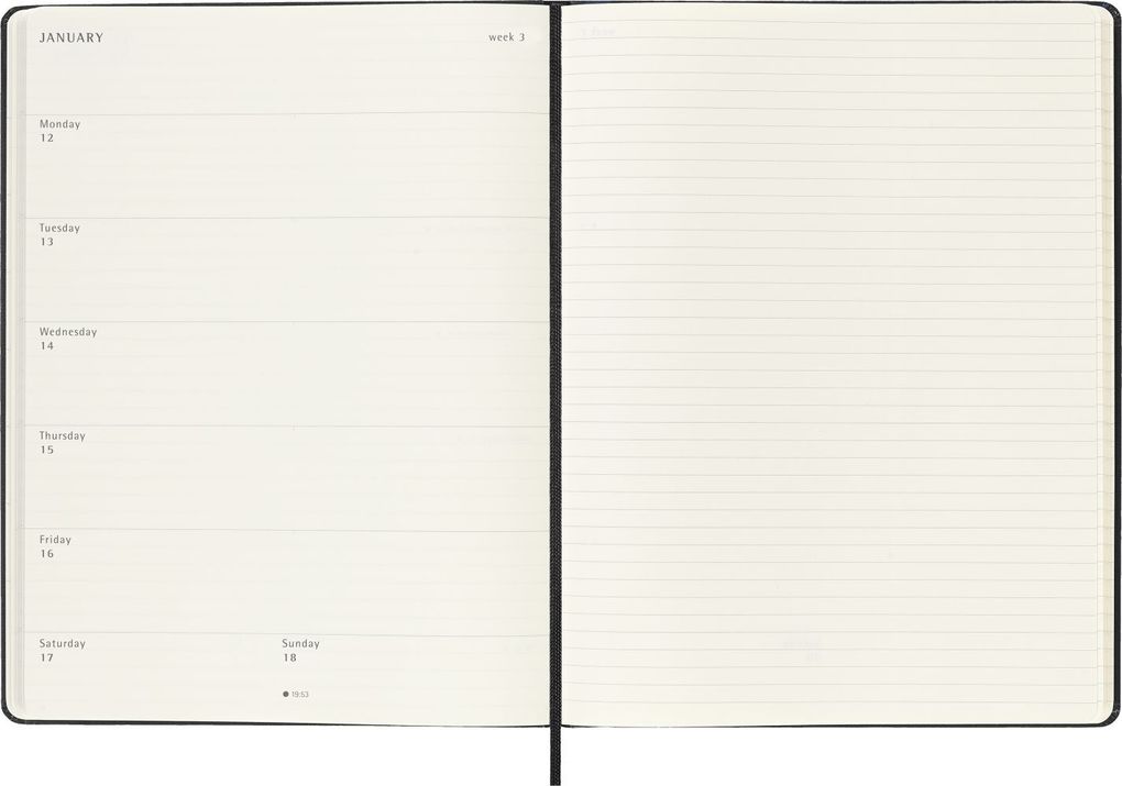 Weitere Ansicht: Moleskine 12 Monate Wochen Notizkalender 2026, XL, 1 Wo = 1 Seite, rechts linierte Seite, fester Einband, Schwarz