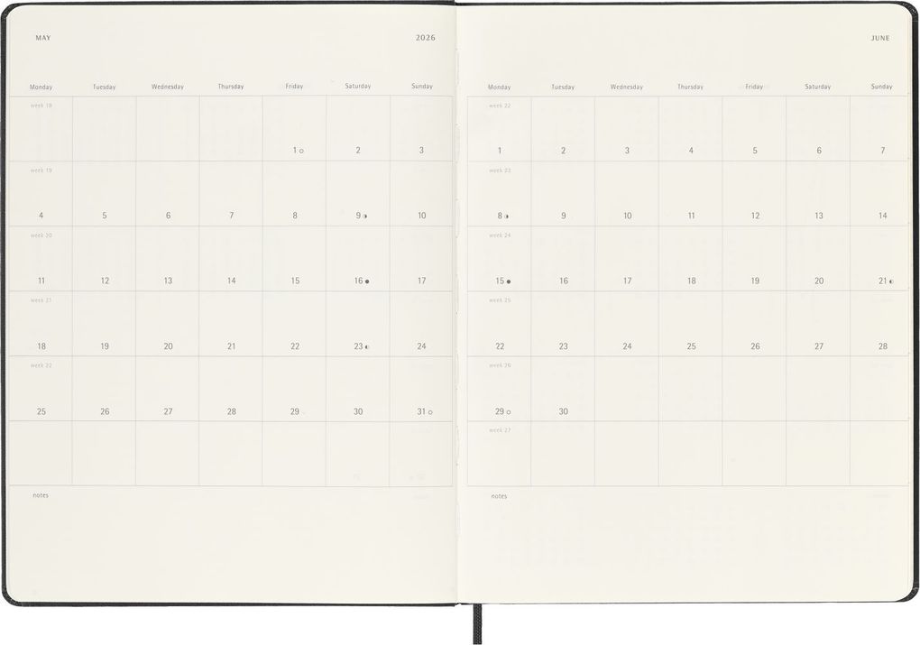 Weitere Ansicht: Moleskine 12 Monate Wochen Notizkalender 2026, XL, 1 Wo = 1 Seite, rechts linierte Seite, fester Einband, Schwarz