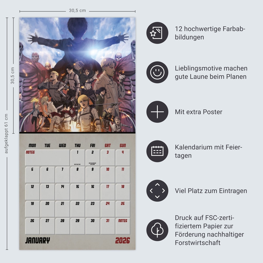 Weitere Ansicht: Attack on Titan Broschurkalender 2026