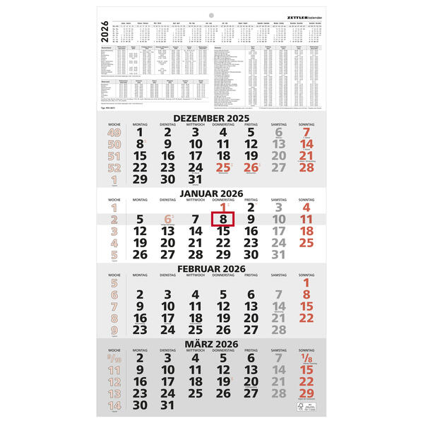Produktbild: 4-Monatskalender rot 2026 - 33x45 - mit Kopftafel - Datumsschieber- 959-0011-1 | Zettler Kalender GmbH (Verlag)
