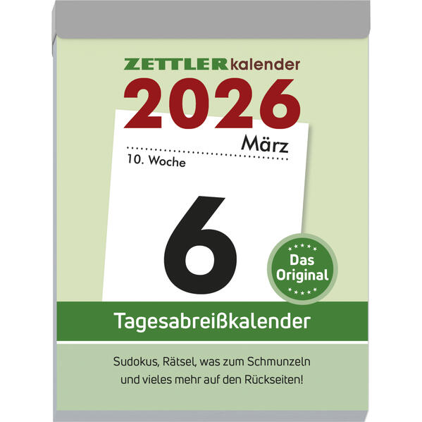 Produktbild: Zettler Tagesabreißkalender XL 2026 - Abreißkalender 8 × 11 cm, 1 Tag pro Seite mit Sudoku, Rezepten | Zettler Kalender GmbH (Verlag)