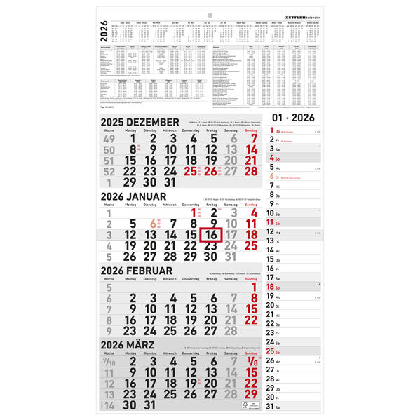 Produktbild: 4-Monatskalender Kombi 2026 - Büro-Kalender 33x45 cm (geöffnet) - mit Datumsschieber - Zettler - 961-0011 | Zettler Kalender GmbH (Verlag)