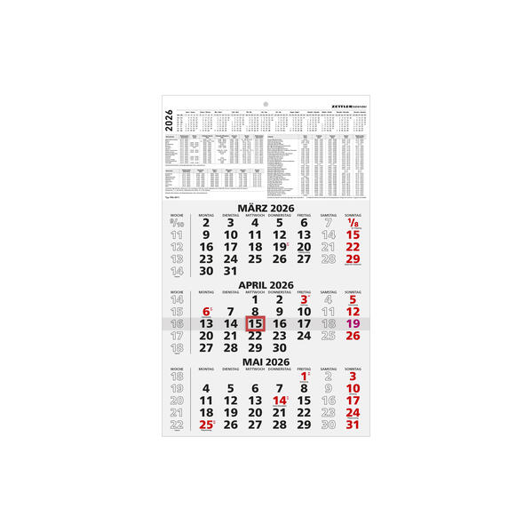 Produktbild: 3-Monatskalender schwarz/rot 2026 - 29,7x48,8 - mit Kopftafel - Datumsschieber - 956-0000 | Zettler Kalender GmbH (Verlag)