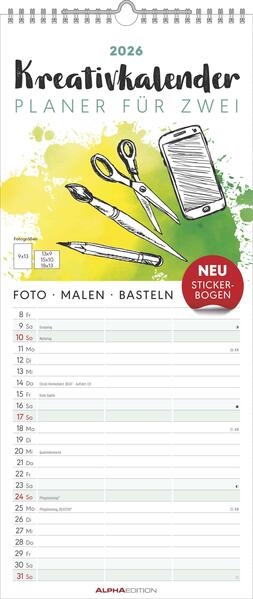 Produktbild: Kreativ-Kalender Planer für 2 2026 - 3 Spalten - 19,5x45 cm - Foto, Malen, Basteln - datiert - Kreativkalender - Foto-Kalender - Alpha Edition | Alpha Edition GmbH & Co. KG
