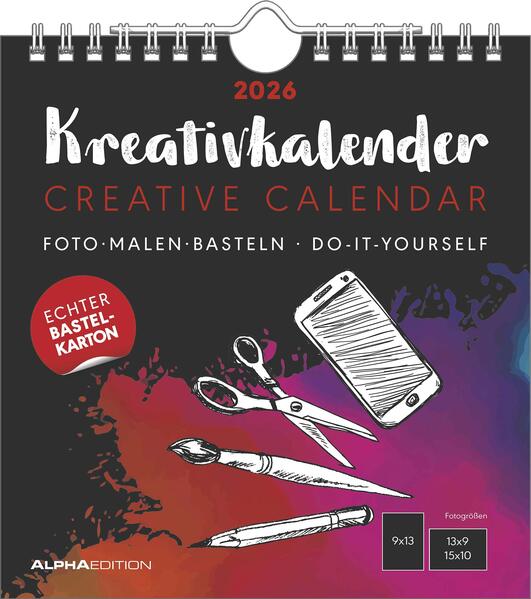 Produktbild: Kreativ-Kalender schwarz 2026 - 16x17 cm - Foto, Malen, Basteln - datiert - Kreativkalender - Foto-Kalender - Alpha Edition | Alpha Edition GmbH & Co. KG