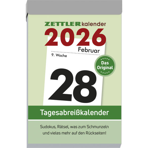 Produktbild: Zettler Tagesabreißkalender L 2026 - Abreißkalender 7 × 10 cm, 1 Tag pro Seite mit Sudoku, Rezepten, | Zettler Kalender GmbH (Verlag)