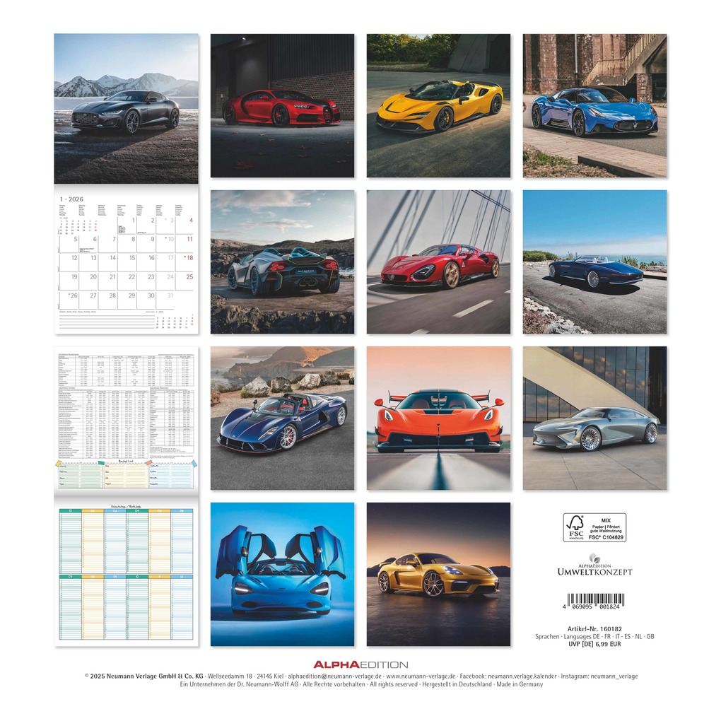 Weitere Ansicht: Alpha Edition - High Speed Kalender 2026 - Broschürenkalender 30×30 cm, mit 12 Luxusauto-Motiven, 6-sprachigem Kalendarium & Zusatzinfos, FSC-zertifizierter Wandkalender für Autofans | Alpha Edition GmbH & Co. KG