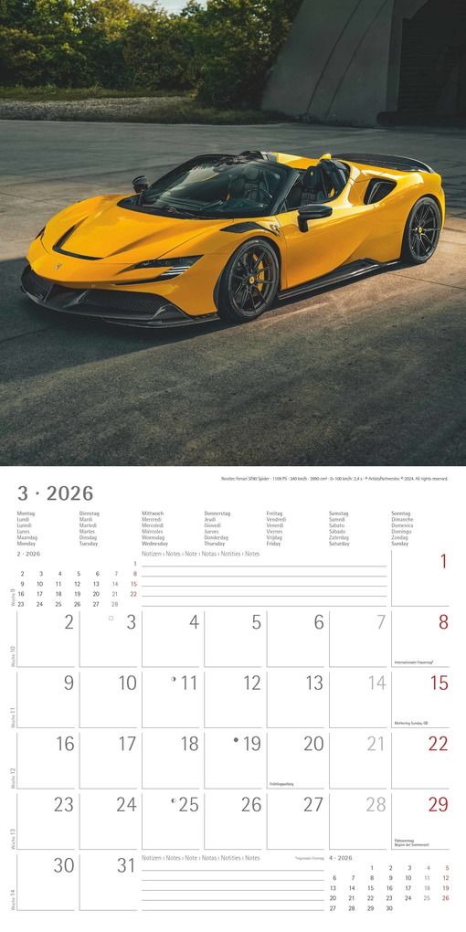 Weitere Ansicht: Alpha Edition - High Speed Kalender 2026 - Broschürenkalender 30×30 cm, mit 12 Luxusauto-Motiven, 6-sprachigem Kalendarium & Zusatzinfos, FSC-zertifizierter Wandkalender für Autofans | Alpha Edition GmbH & Co. KG