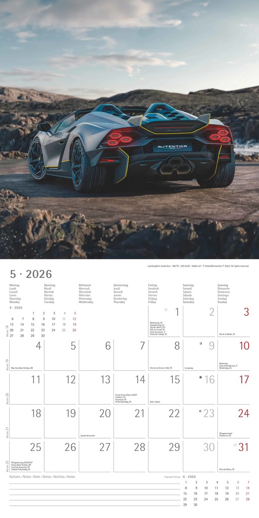 Weitere Ansicht: Alpha Edition - High Speed Kalender 2026 - Broschürenkalender 30×30 cm, mit 12 Luxusauto-Motiven, 6-sprachigem Kalendarium & Zusatzinfos, FSC-zertifizierter Wandkalender für Autofans | Alpha Edition GmbH & Co. KG
