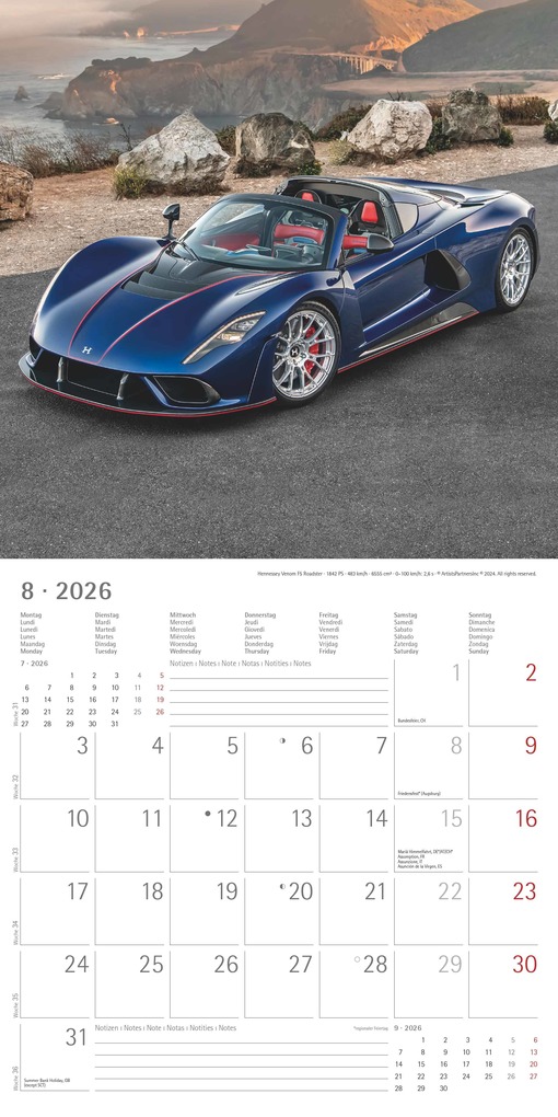 Weitere Ansicht: Alpha Edition - High Speed Kalender 2026 - Broschürenkalender 30×30 cm, mit 12 Luxusauto-Motiven, 6-sprachigem Kalendarium & Zusatzinfos, FSC-zertifizierter Wandkalender für Autofans | Alpha Edition GmbH & Co. KG