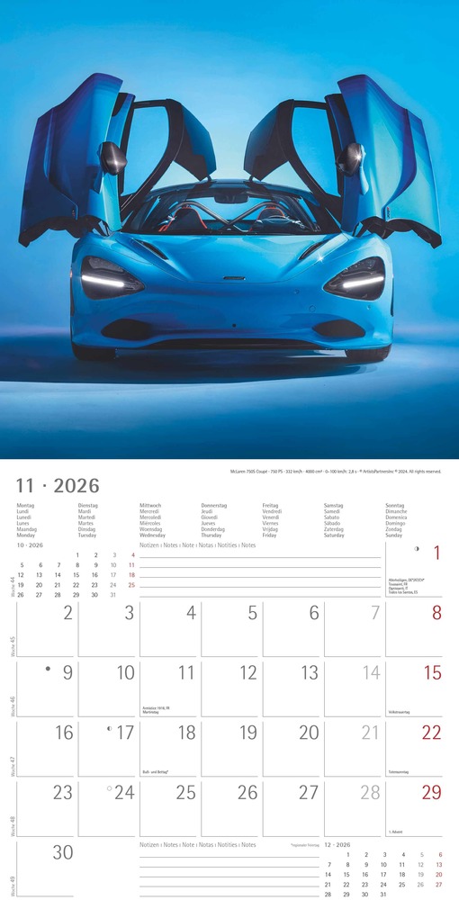 Weitere Ansicht: Alpha Edition - High Speed Kalender 2026 - Broschürenkalender 30×30 cm, mit 12 Luxusauto-Motiven, 6-sprachigem Kalendarium & Zusatzinfos, FSC-zertifizierter Wandkalender für Autofans | Alpha Edition GmbH & Co. KG