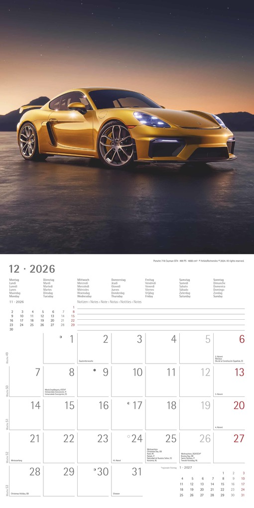 Weitere Ansicht: Alpha Edition - High Speed Kalender 2026 - Broschürenkalender 30×30 cm, mit 12 Luxusauto-Motiven, 6-sprachigem Kalendarium & Zusatzinfos, FSC-zertifizierter Wandkalender für Autofans | Alpha Edition GmbH & Co. KG
