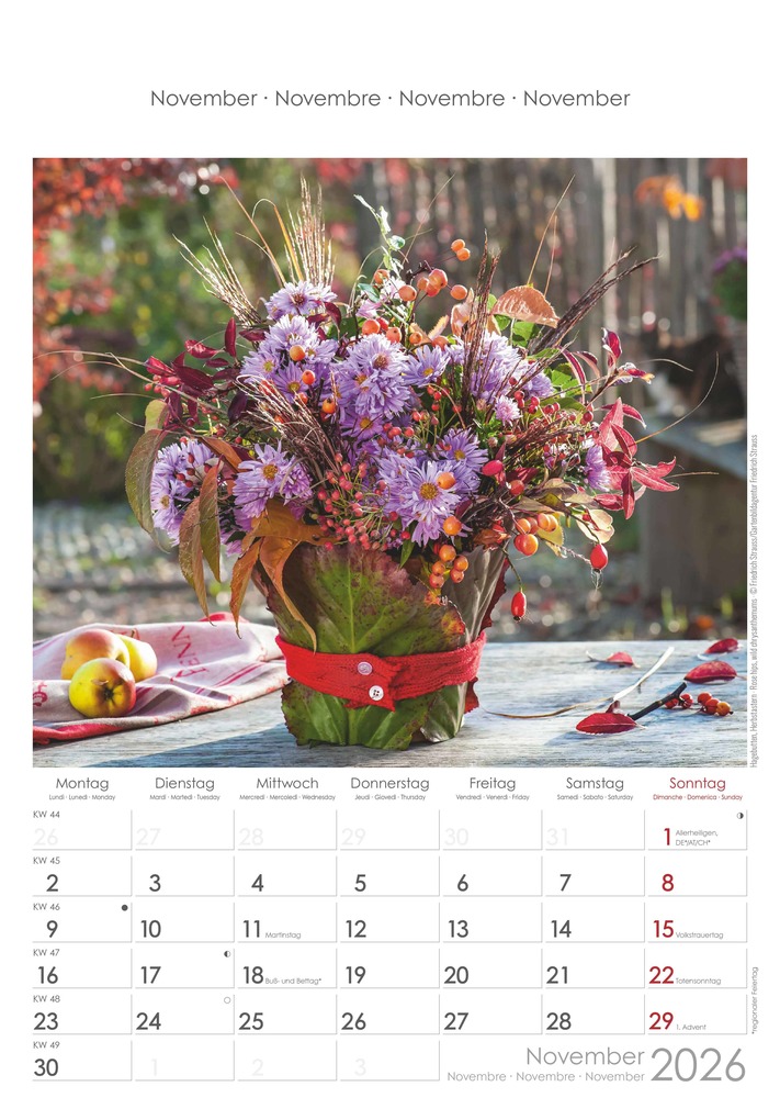 Weitere Ansicht: Alpha Edition - Blumen Kalender 2026 - Wandkalender 23,7×34 cm, mit 12 hochwertigen Blumenarrangemen | Alpha Edition GmbH & Co. KG