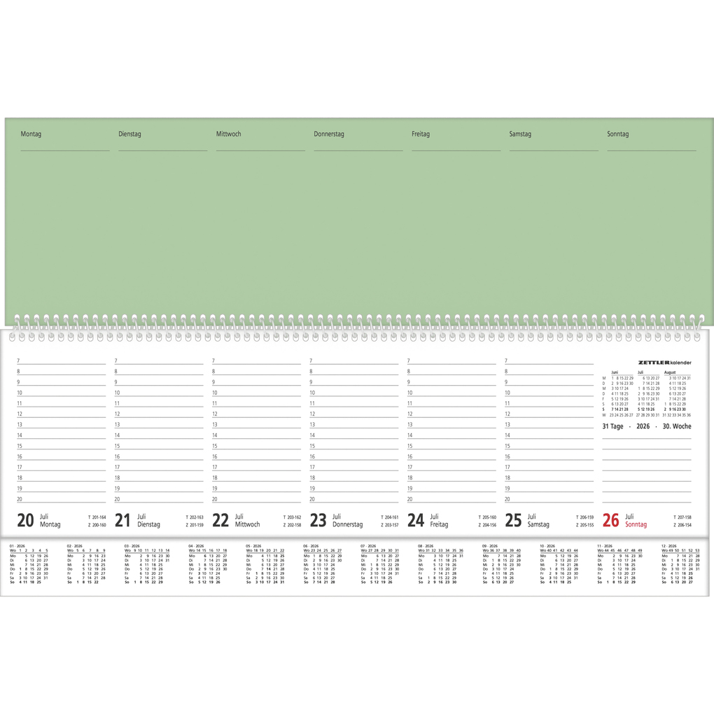 Weitere Ansicht: Zettler Tischquerkalender 1W/2S ver. Rückw. PERFO XL grün 2026 - Wochenkalender 36 × 11 cm mit verlängerter Rückwand & Aufstellvorrichtung, grün/weißes Papier, Stundeneinteilung 7-20 Uhr | Zettler Kalender GmbH (Verlag)
