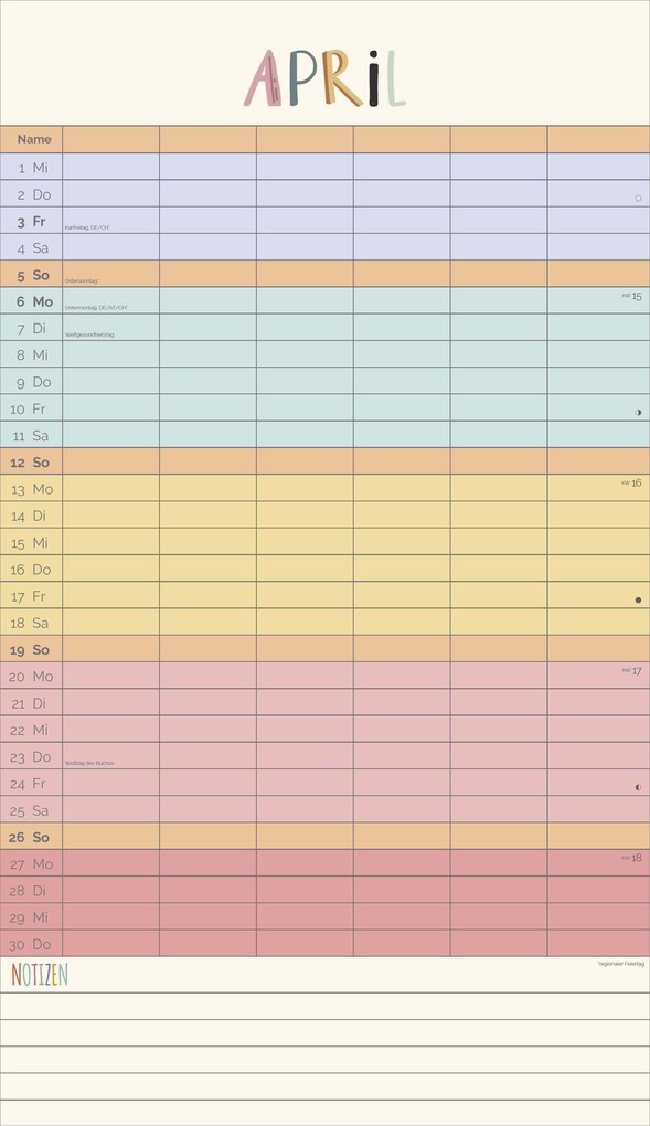 Weitere Ansicht: Unser buntes Jahr 2026 Familienplaner - Familien-Timer 26x45 cm - Offset-Papier - mit Ferienterminen - Wand-Planer - Familienkalender - Alpha Edition | Alpha Edition GmbH & Co. KG