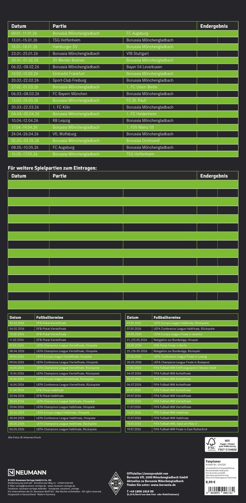 Weitere Ansicht: Borussia Mönchengladbach 2026 - Fanplaner - Fan-Kalender - Fußball-Kalender - 22x45 - Sport | Neumann Verlage GmbH & Co. KG