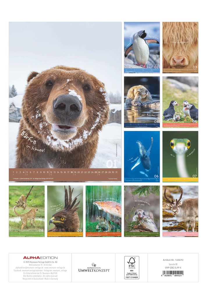 Weitere Ansicht: Alpha Edition - Tierisch cool! Kalender 2026 - Wandkalender 23,7×34 cm mit lustigen Tiermotiven & Sprüchen, humorvoller Bildkalender mit Platz für Notizen, perfektes Geschenk für Tier- & Humorfreunde | Alpha Edition GmbH & Co. KG