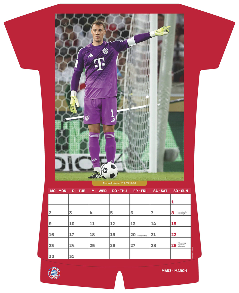 Weitere Ansicht: N Neumann - FC Bayern München 2026 - Trikotkalender 34x42 cm mit 12 Monatsblättern, 2-sprachigem Kalendarium & Spiralbindung, origineller Fußball-Wandkalender in Trikotform für Fans | Neumann Verlage GmbH & Co. KG