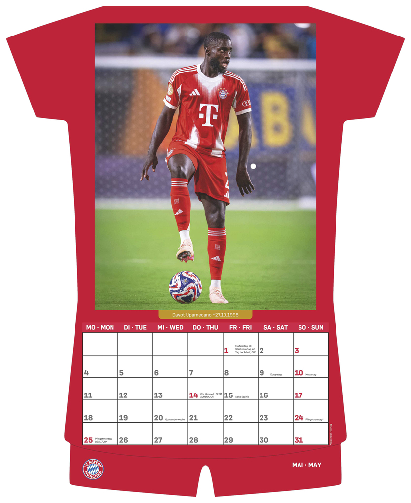 Weitere Ansicht: N Neumann - FC Bayern München 2026 - Trikotkalender 34x42 cm mit 12 Monatsblättern, 2-sprachigem Kalendarium & Spiralbindung, origineller Fußball-Wandkalender in Trikotform für Fans | Neumann Verlage GmbH & Co. KG