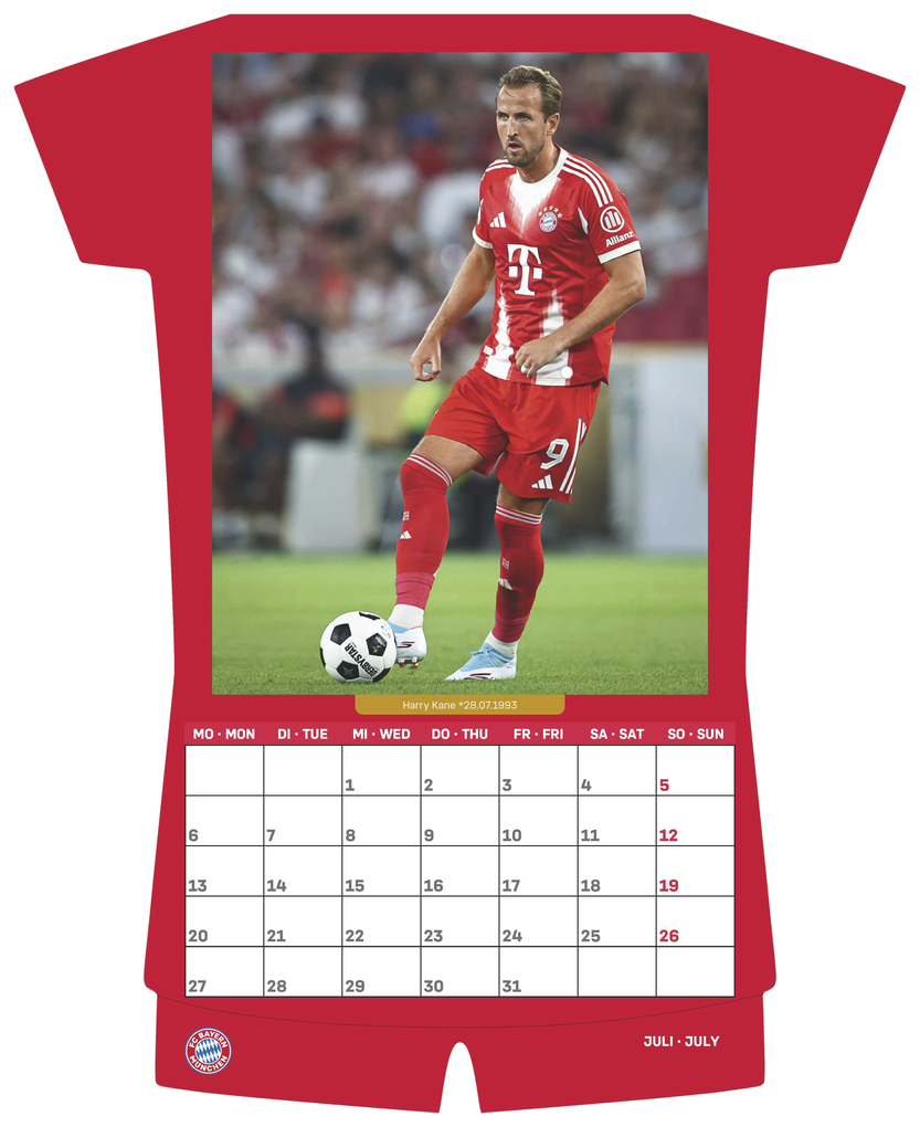 Weitere Ansicht: N Neumann - FC Bayern München 2026 - Trikotkalender 34x42 cm mit 12 Monatsblättern, 2-sprachigem Kalendarium & Spiralbindung, origineller Fußball-Wandkalender in Trikotform für Fans | Neumann Verlage GmbH & Co. KG