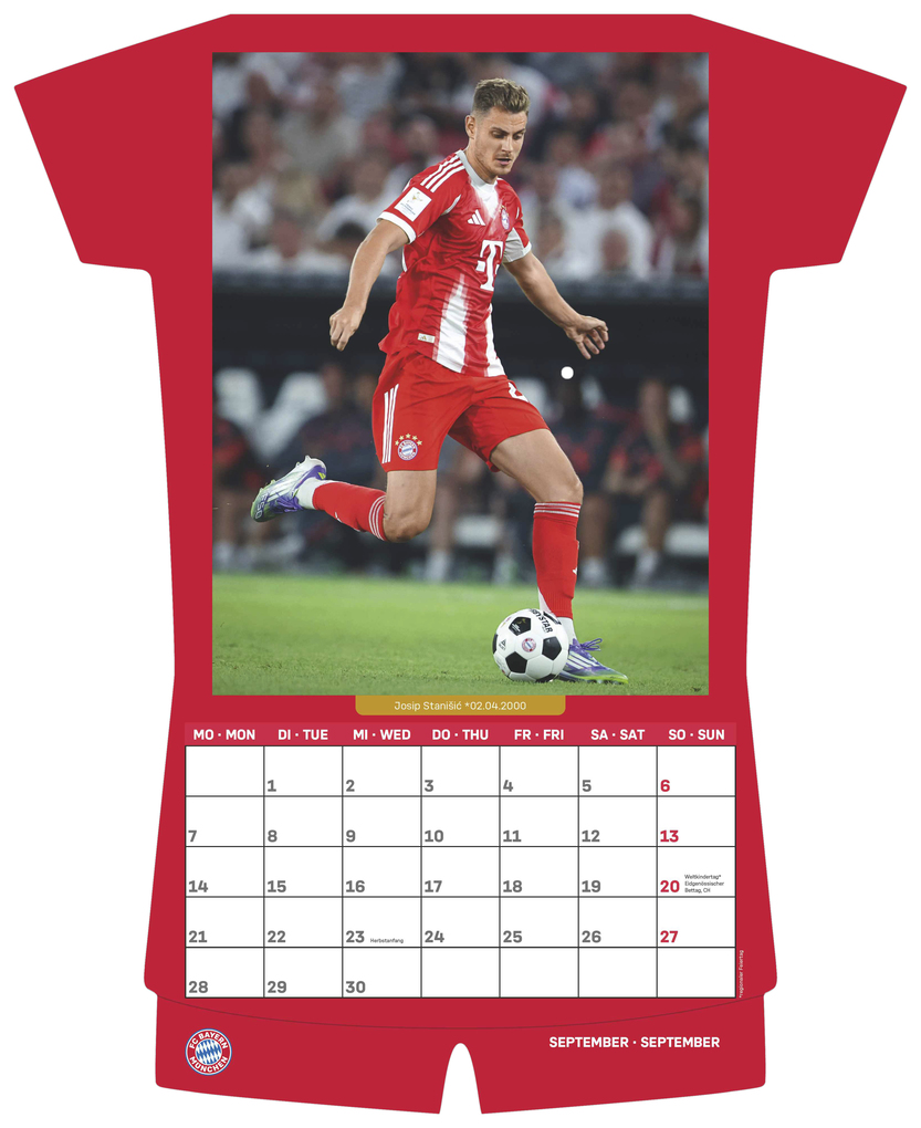 Weitere Ansicht: N Neumann - FC Bayern München 2026 - Trikotkalender 34x42 cm mit 12 Monatsblättern, 2-sprachigem Kalendarium & Spiralbindung, origineller Fußball-Wandkalender in Trikotform für Fans | Neumann Verlage GmbH & Co. KG
