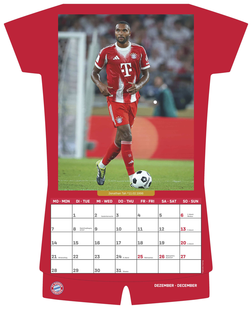 Weitere Ansicht: N Neumann - FC Bayern München 2026 - Trikotkalender 34x42 cm mit 12 Monatsblättern, 2-sprachigem Kalendarium & Spiralbindung, origineller Fußball-Wandkalender in Trikotform für Fans | Neumann Verlage GmbH & Co. KG