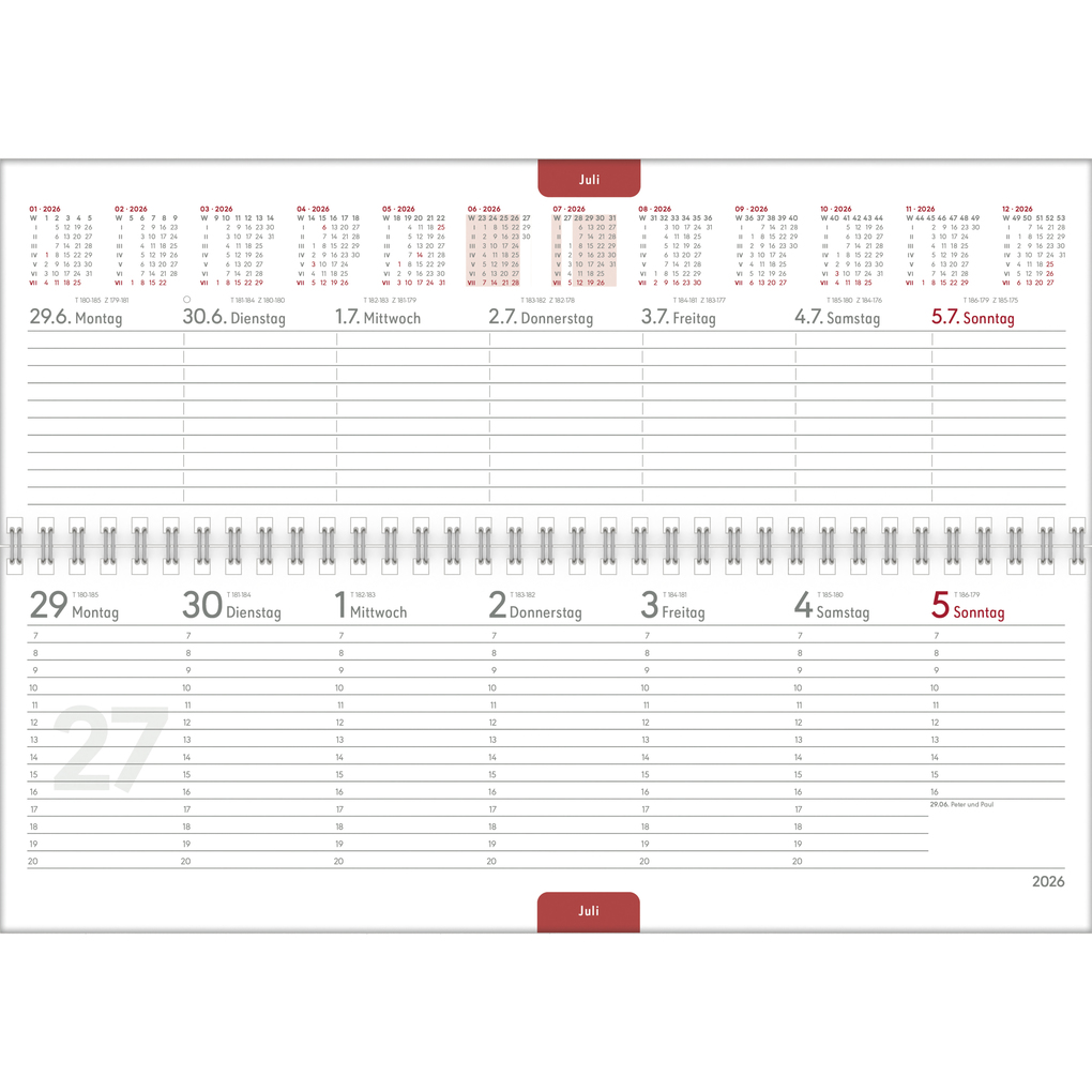 Weitere Ansicht: Tisch-Querkalender Profi rot 2026 - Büro-Planer 29,7x10,5 cm - Tisch-Kalender - 1 Woche 2 Seiten - Ringbindung - Zettler | Zettler Kalender GmbH (Verlag)