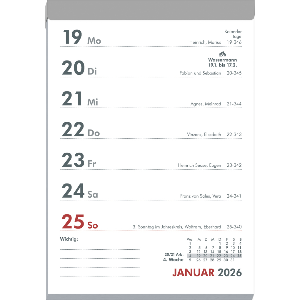 Weitere Ansicht: Zettler Wochenabreißkalender 2026 Typ 325 - Abreißkalender 11 × 15 cm, 1 Woche pro Seite mit Sudoku, Rezepten, Rätseln & Tipps auf den Rückseiten, FSC-zertifiziert | Zettler Kalender GmbH (Verlag)