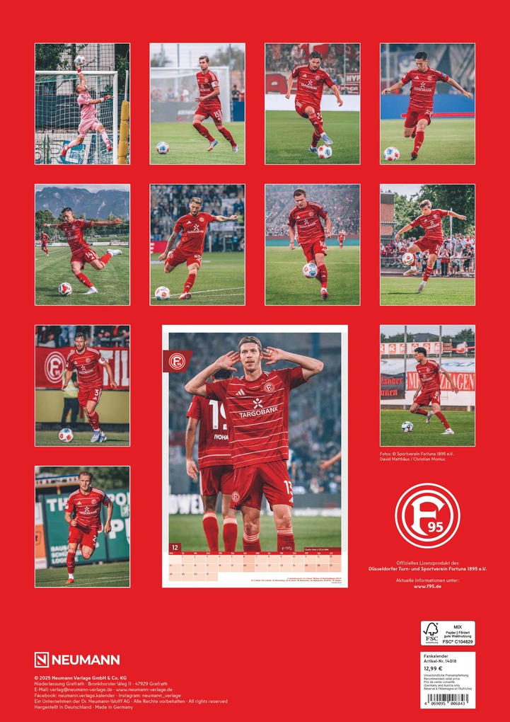 Weitere Ansicht: N Neumann - Fortuna Düsseldorf 2026 - Wandkalender A3 (30x42 cm) mit 12 Monatsblättern, deutschem Kalendarium & Spiralbindung, Fußball-Fankalender mit Spielerfotografien in Rot-Weiß | Neumann Verlage GmbH & Co. KG