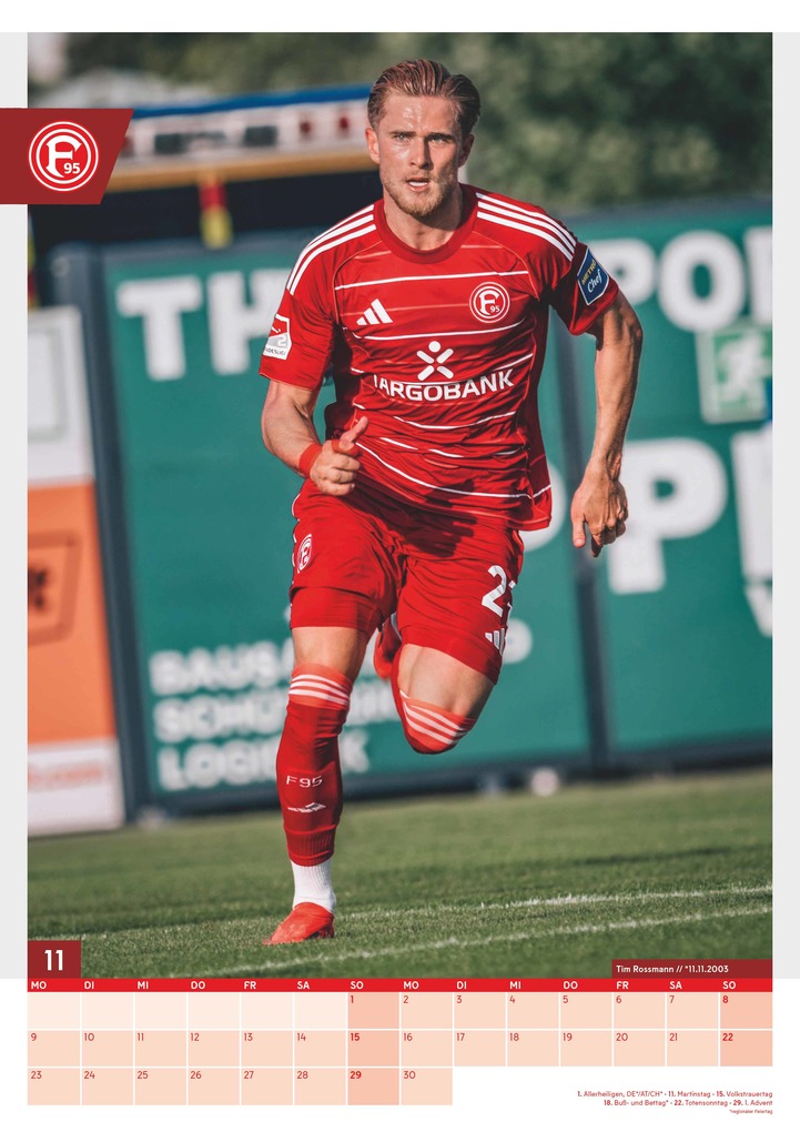 Weitere Ansicht: N Neumann - Fortuna Düsseldorf 2026 - Wandkalender A3 (30x42 cm) mit 12 Monatsblättern, deutschem Kalendarium & Spiralbindung, Fußball-Fankalender mit Spielerfotografien in Rot-Weiß | Neumann Verlage GmbH & Co. KG