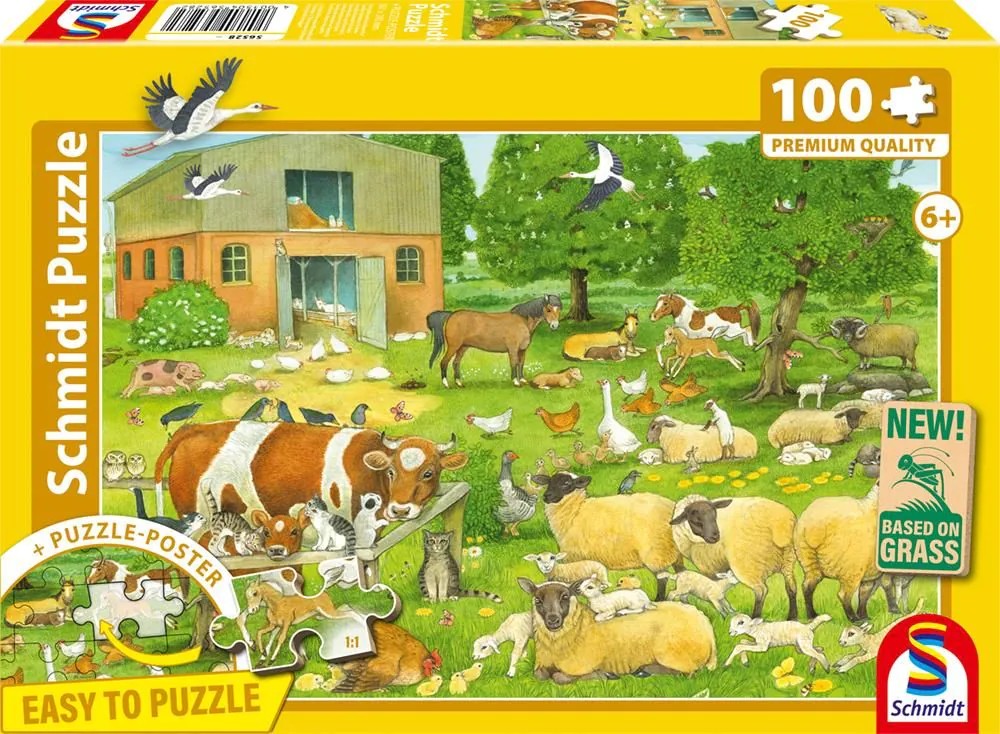 Produktbild: Schmidt 56528 - Tierfamilien auf dem Bauernhof, Kinderpuzzle mit Poster, 100 Teile aus NATPAX® Graspappe