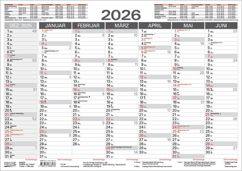 Produktbild: Tafelkalender A3 "Stabil" 2026