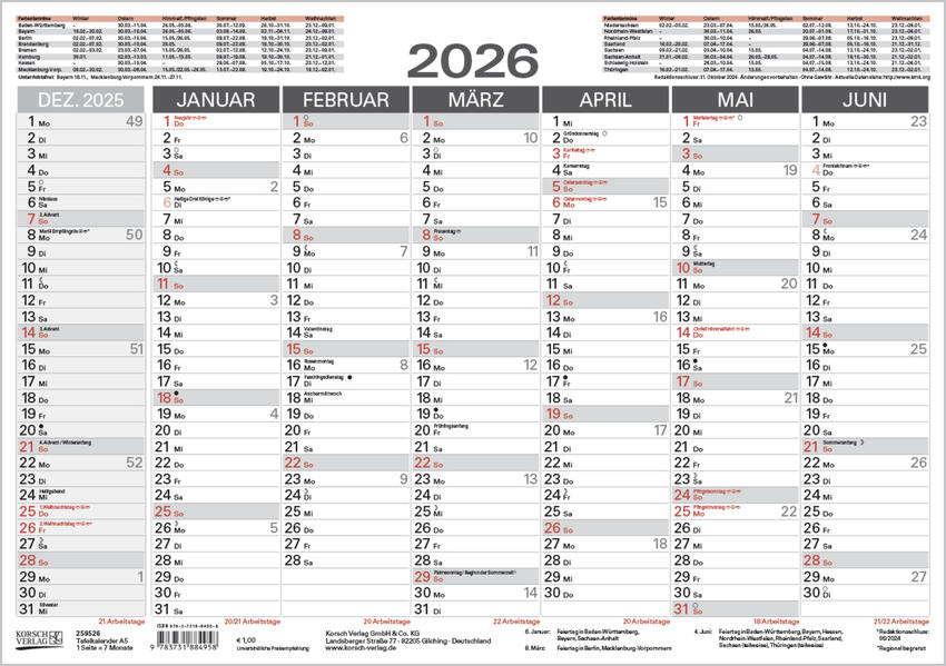 Produktbild: Tafelkalender A5 2026