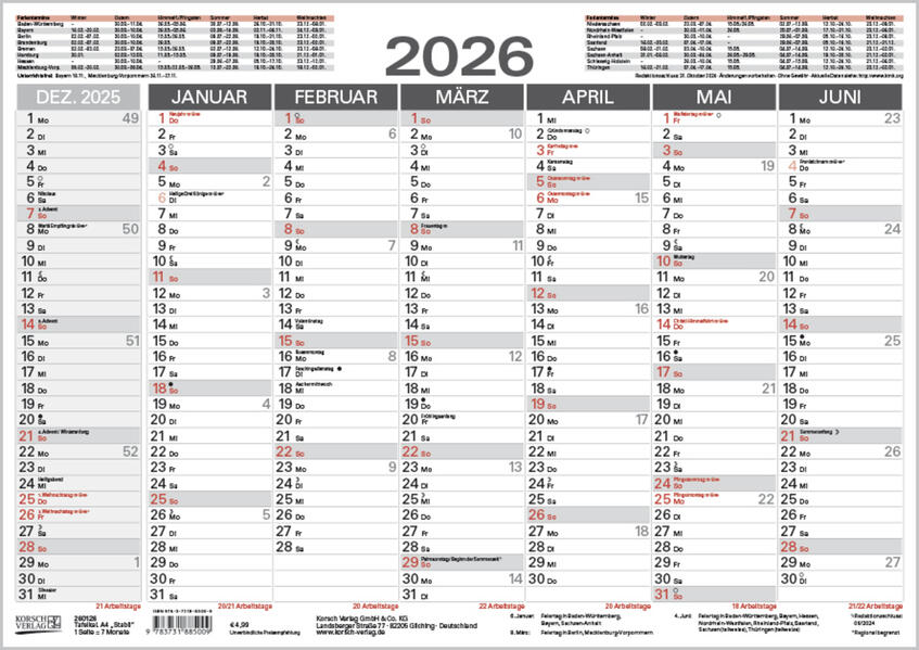 Produktbild: Tafelkalender A4 "Stabil" 2026