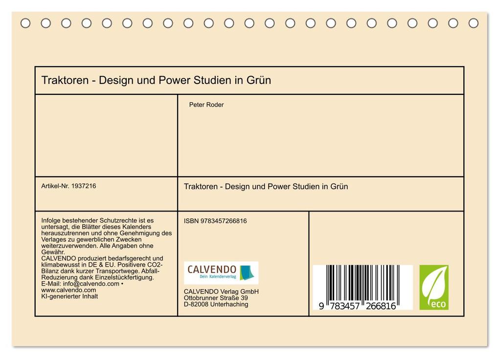 Weitere Ansicht: Traktoren - Design und Power Studien in Grün (Tischkalender 2026 DIN A5 quer), CALVENDO Monatskalender | Peter Roder, Calvendo